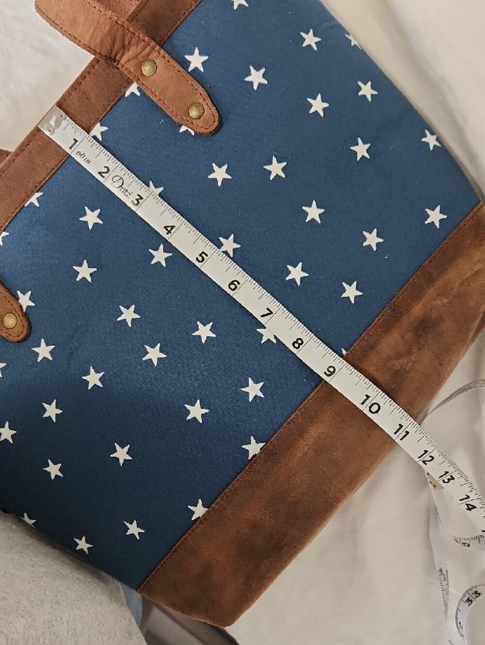 Womens Carry Tote Navy Blue White Star Brown Suede Leather Accents NWOT - Picture 11 of 12